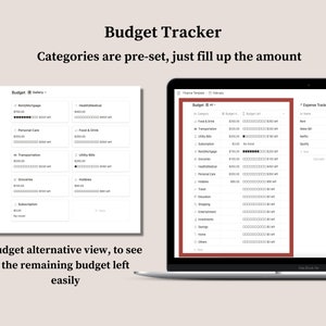 May include: A laptop computer screen displaying a budget tracker spreadsheet with categories for food and drink, transportation, utility bills, rent/mortgage, health/medical, personal care, groceries, hobbies, subscriptions, and savings. The spreadsheet shows the budget amount, the amount spent, and the remaining budget for each category. The spreadsheet is titled "Budget Tracker" and the date is February. The laptop is on a light brown surface.