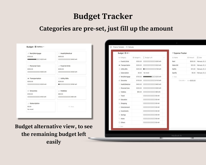 May include: A laptop computer screen displaying a budget tracker spreadsheet with categories for food and drink, transportation, utility bills, rent/mortgage, health/medical, personal care, groceries, hobbies, subscriptions, and savings. The spreadsheet shows the budget amount, the amount spent, and the remaining budget for each category. The spreadsheet is titled "Budget Tracker" and the date is February. The laptop is on a light brown surface.