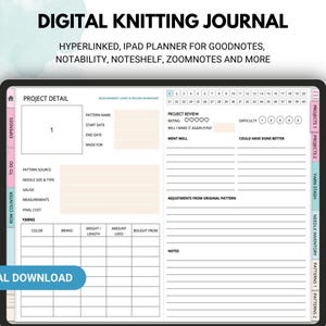 Pastel Knitting Planner, Digital Knitting Journal for iPad or Android, Knitting Project Tracker, Knitting Pattern Organizer