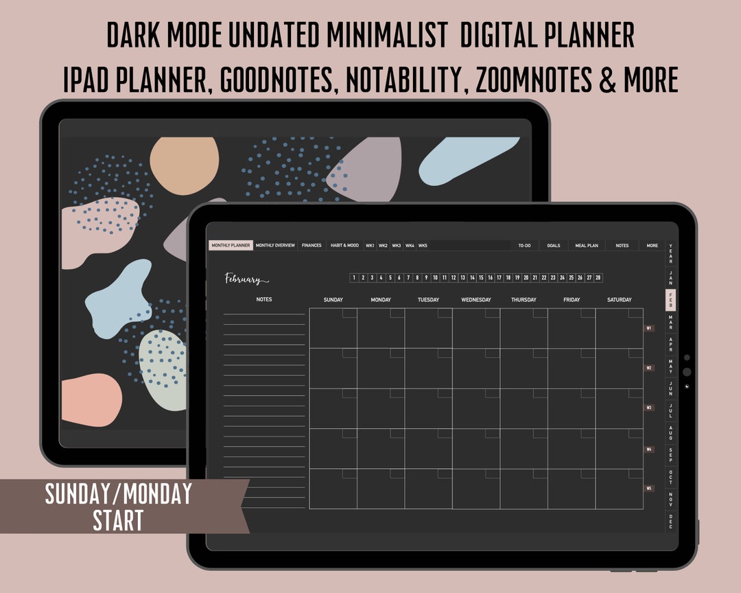 Dark Mode Digital Planner Undated, for Goodnotes, Ipad, Notability ...