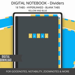 Może przedstawiać: Cyfrowe przegrody do notesu dla Goodnotes, Notability, Zoomnotes i innych. 18 żółtych i niebieskich zakładek z hiperłączami i pustymi zakładkami. Okładka notesu zawiera słowo "notes" w czarnym polu.