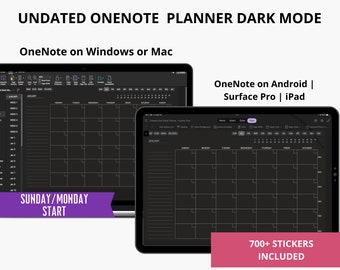 May include: A digital planner template for OneNote in dark mode. The template is shown on a laptop and tablet screen. The template includes a calendar, a to-do list, and a notes section. The template is undated and can be used for any month. The template includes over 700 stickers.