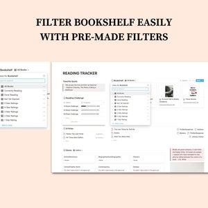 May include: A screenshot of a computer screen showing a bookshelf app with filters for sorting books by reading status, star rating, and genre. The app also includes a reading tracker with a favorite quote, reading challenges, and articles.