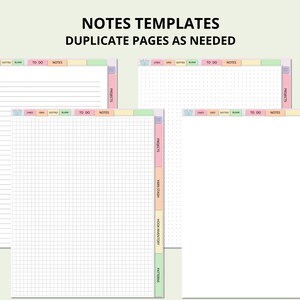 May include: Four printable pages of note templates with different layouts. The pages are divided into sections with headings like "To Do", "Notes", and "Projects". The pages are decorated with pastel colors and a cute bird design.