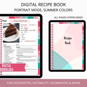 Digital Recipe Book Goodnotes, Digital Recipe Planner, Hyperlinked iPad Planner, Portrait Recipe Book, Recipe Journal, Summer Themed Journal