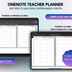 Könnte beinhalten: Ein digitaler Lehrerplaner für OneNote, dargestellt auf einem Laptop und Tablet. Der Planer umfasst September 2025 bis August 2026, mit Hyperlinks und einem Pastell-Design. Er bietet 19 Abschnitte und über 150 Seiten. Der Text lautet "MONDAY START".