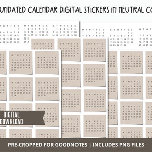 Mini Calendar Digital Stickers, Precropped GoodNotes Stickers, Bullet Journal Stickers, PNG Stickers, Months Calendar Stickers Neutral Color