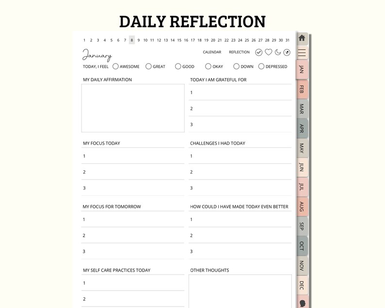 Może przedstawiać: Cyfrowa strona planera z tytułem "DAILY REFLECTION". Strona jest przeznaczona na styczeń i zawiera sekcje dotyczące codziennych afirmacji, wdzięczności, skupienia i dbania o siebie. Zawiera kalendarz i opcje śledzenia uczuć.