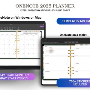 2025 OneNote Planer, täglicher Wochenkalender für iPad Android Surface Pro, Windows-Produktivitäts-Organizer, Sonntag monatlich, Montag wöchentlich