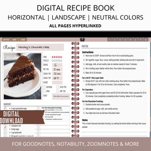 Digital Recipe Book Goodnotes, Digital Recipe Planner, Hyperlinked iPad Planner, Horizontal Recipe Book, Landscape Recipe Journal, Neutrals