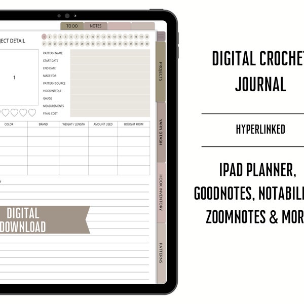 Digital Crochet Notebook, Digital Crochet Pattern Journal, Crochet Project Planner iPad, Project Tracker, Crochet Pattern Tracker Neutral