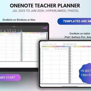 Planificador docente de OneNote (julio de 2025 - junio de 2026), Planificador semanal de lecciones, Planificador docente con fecha, Planificador escolar de OneNote para Windows, Surface Pro