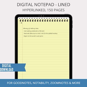 Puede incluir: Una maqueta de aplicación de bloc de notas digital con una página amarilla rayada y un marco negro. La página tiene notas escritas a mano para una reunión del 19 de febrero. El texto dice "February 19 Meeting Notes: Next meeting scheduled on Feb 23rd. -Reminder feature put on hold. wait for the updated mockup. -Report will be moved to next sprint."