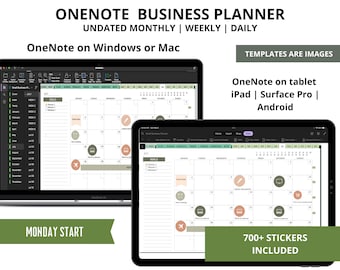 Könnte beinhalten: Ein digitaler Planer für OneNote mit einem grün-braunen Farbschema. Der Planer umfasst Monats-, Wochen- und Tagesansichten. Das Bild zeigt einen Laptop und ein Tablet mit dem geöffneten Planer. Der Text "OneNote Business Planner" befindet sich oben im Bild. Der Text "UNDATED MONTHLY | WEEKLY | DAILY" befindet sich unter dem Titel. Der Text "OneNote on Windows or Mac" befindet sich unter der ersten Textzeile. Der Text "TEMPLATES ARE IMAGES" befindet sich in der oberen rechten Ecke des Bildes. Der Text "OneNote on tablet iPad | Surface Pro | Android" befindet sich in der oberen rechten Ecke des Bildes. Der Text "MONDAY START" befindet sich in der unteren linken Ecke des Bildes. Der Text "700+ STICKERS INCLUDED" befindet sich in der unteren rechten Ecke des Bildes.