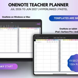Könnte beinhalten: Ein digitaler OneNote-Lehrerplaner von Juli 2026 bis Juni 2027 mit Pastellfarben, Hyperlinks und einem Wochenstart am Montag. Der Planer enthält 19 Abschnitte und über 150 Seiten und wird auf einem Computer sowie einem Tablet angezeigt.