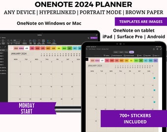 Modèle d'agenda numérique OneNote 2024, Agenda Surface Pro, Agenda Windows, Agenda en mode portrait pour OneNote, modèle de réunion