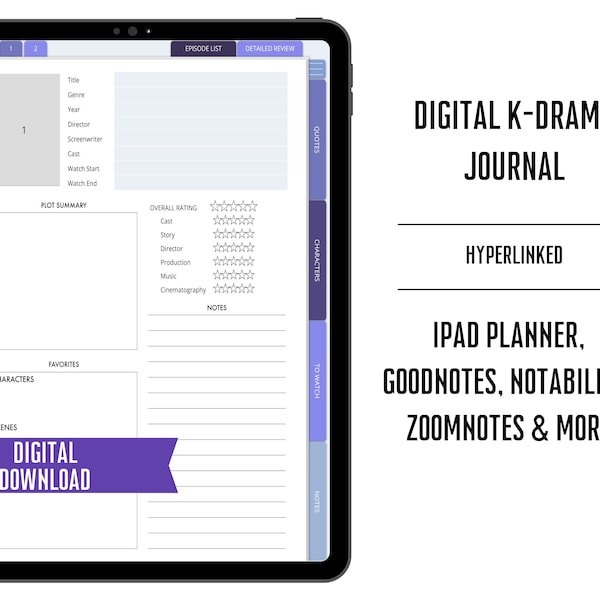 KDrama Journal Goodnotes, Digital K-Drama Journal, Korean Drama Planner for iPad, Series Episode Tracker, Digital Planner, KDrama Review