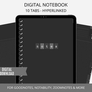Dark Mode Digital Notebook, Digital Notebook Goodnotes, Digital Notepad, Notebook with Tabs, Notebook for iPad, 10 Subjects Ipad Notebook