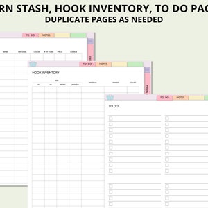 May include: Printable planner pages for yarn stash, hook inventory, and to-do lists. The pages are designed with pastel colors and a cute bird illustration.