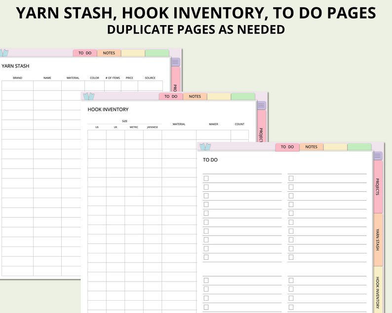 May include: Printable planner pages for yarn stash, hook inventory, and to-do lists. The pages are designed with pastel colors and a cute bird illustration.
