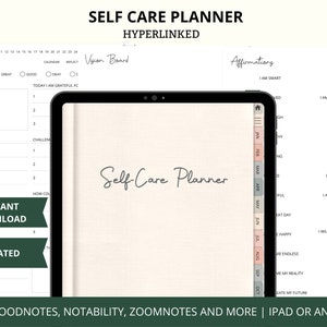 Może przedstawiać: Cyfrowy planer dbania o siebie z kremową okładką i tytułem "Self-Care Planner" w eleganckiej czcionce. Zawiera sekcje na afirmacje, tablicę wizji i kalendarz. Zawiera tekst "Natychmiastowe pobieranie" i "Niedatowane".