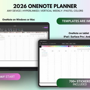 Planejador digital 2026 para OneNote em tons pastel, com modelos diários, semanais e mensais com hiperlinks, compatível com iPad, Surface Pro e Windows Journal.