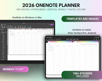 2026 Digitaler Planer für OneNote in Pastell, mit verknüpften täglichen, wöchentlichen, monatlichen Vorlagen, iPad, Surface Pro & Windows Journal