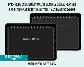 Undated Digital Planner Goodnotes, Undated Digital Monthly Calendar, Dark Mode Digital Planner, Simple Digital Planner