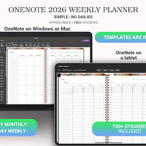 Puede incluir: Un planificador digital mostrado en un portátil y una tableta. El planificador se titula "OneNote 2026 Weekly Planner" e incluye funciones como hipervínculos y más de 700 pegatinas. Está diseñado para Windows, Mac y tabletas.