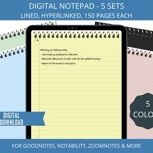 May include: A digital notepad app mockup with five different colored backgrounds. The app is open to a page with lined paper and a note that says "February 19 Meeting Notes: Next meeting scheduled on Feb 23rd. -Reminder feature put on hold. wait for the updated mockup. -Report will be moved to next sprint."