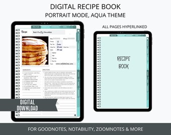 Digital Recipe Book Goodnotes, Digital Recipe Planner, Hyperlinked iPad Planner, Portrait Recipe Book, Recipe Journal Aqua Themed