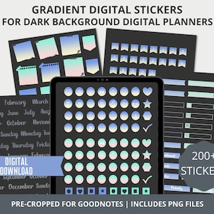 Pegatinas digitales Planificadores de modo oscuro, Pegatinas precortadas para Goodnotes, Pegatinas de planificador de degradado, Pegatinas PNG, Pegatinas de notabilidad