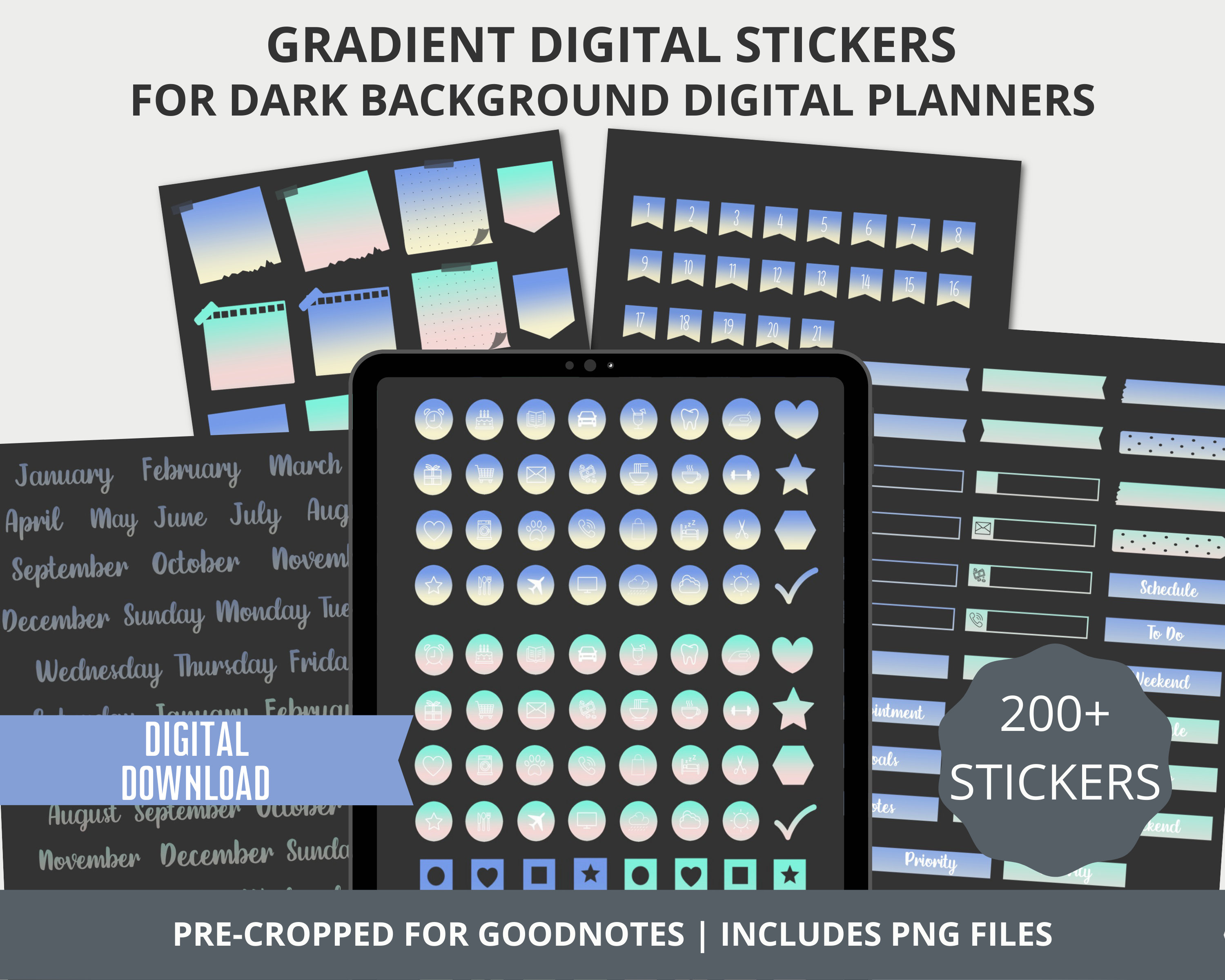 Digital Stickers Dark Mode Planners Precropped Stickers for - Etsy