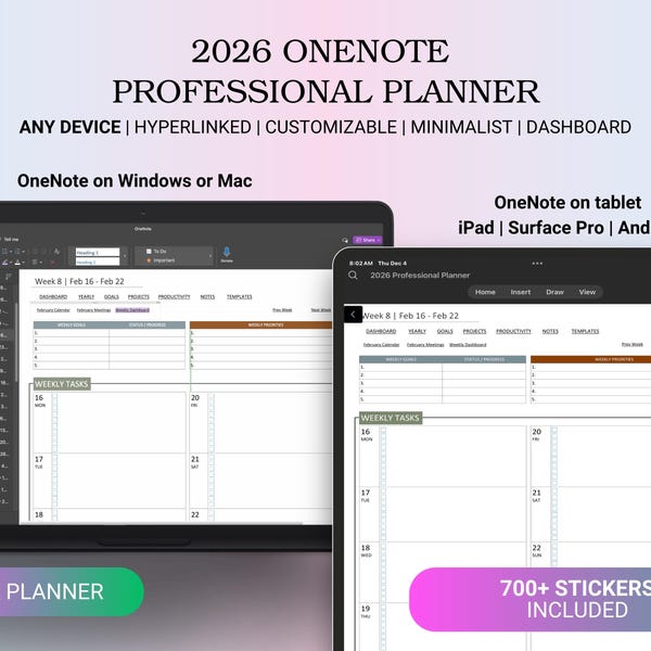2026 OneNote Professional Work Planner, Digital Planner for Work, Template for Project Management, Goals, Task Tracker, Meeting Notes