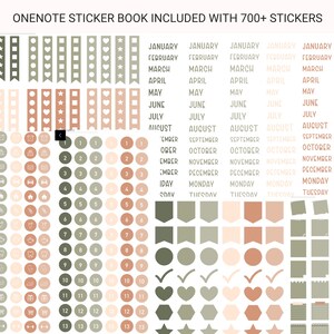 K&ouml;nnte beinhalten: Ein digitales Planer-Aufkleberblatt mit &uuml;ber 700 Aufklebern in Gr&uuml;n, Braun und Pfirsichfarben. Die Aufkleber umfassen Zahlen, Wochentage, Monate des Jahres und verschiedene Formen und Symbole.