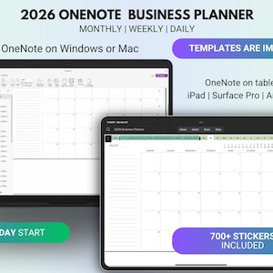 Planificador de negocios OneNote 2026, organizador digital para emprendedores para iPad, Surface Pro, Windows, plantilla de gestión para startups y pequeñas empresas