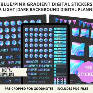 May include: A set of 150 digital stickers featuring a blue and pink gradient design. The stickers include various shapes, sizes, and designs, including circles, squares, and rectangles. The stickers are pre-cropped for Goodnotes and include PNG files.