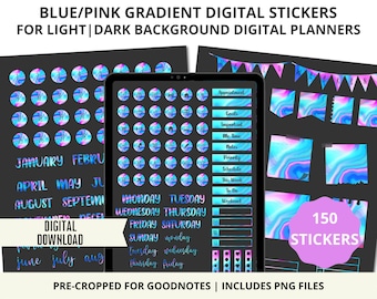 May include: A set of 150 digital stickers featuring a blue and pink gradient design. The stickers include various shapes, sizes, and designs, including circles, squares, and rectangles. The stickers are pre-cropped for Goodnotes and include PNG files.