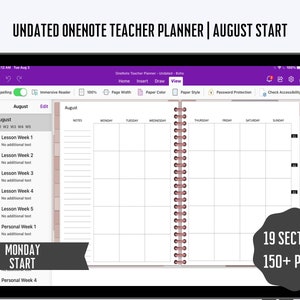 OneNote Teacher Planner, Undated Teacher Planner, Weekly Lesson Planner, OneNote School Planner August Start, Windows, Surface Pro Planner