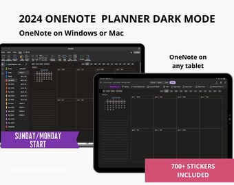 2024 Dark Mode Digital Planner für OneNote, Monatlicher Wochenplaner mit Hyperlink, Windows, Mac, Surface Pro, Android, iPad kompatibel