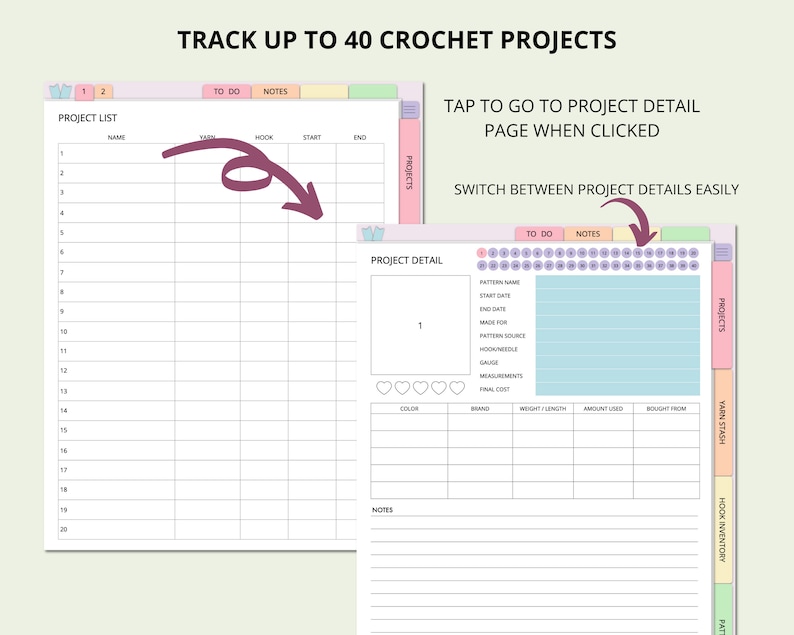 May include: A printable crochet project tracker with a project list, project detail page, and yarn stash inventory. The tracker is designed to track up to 40 crochet projects.