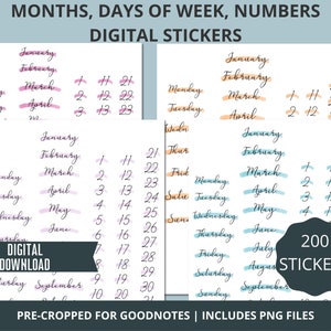 Digital Planner Stickers Goodnotes, Precropped Calendar PNG Stickers, Dates, Days of the Week, Months in Teal, Orange, Lavender, Magenta