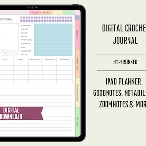 May include: Digital crochet journal for iPad planning apps like Goodnotes, Notability, and Zoomnotes. The journal includes sections for project details, yarn stash, hook inventory, and patterns. The journal is a digital download.