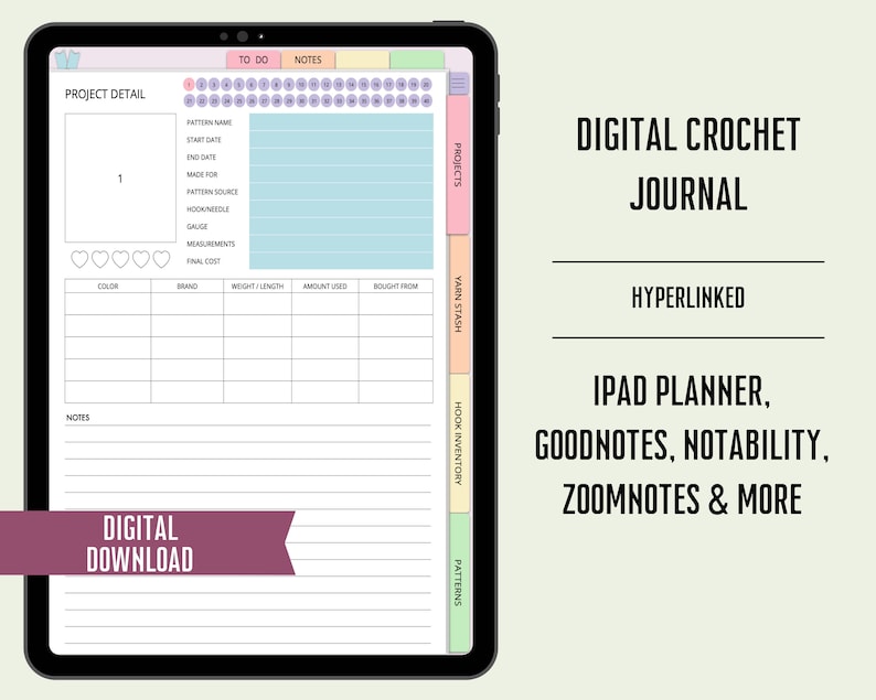 May include: Digital crochet journal for iPad planning apps like Goodnotes, Notability, and Zoomnotes. The journal includes sections for project details, yarn stash, hook inventory, and patterns. The journal is a digital download.