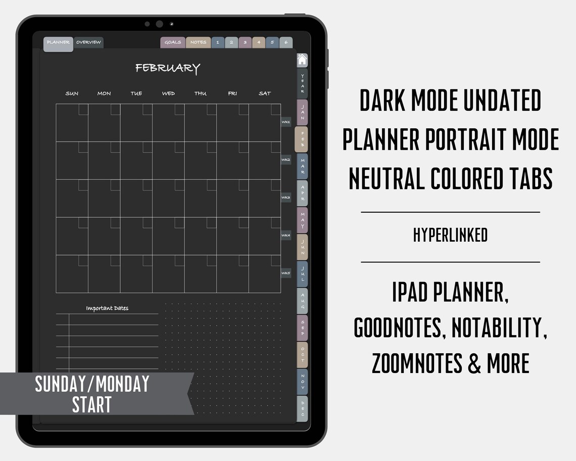 Dark Mode Digital Planner Undated, Goodnotes Planner, iPad Planner ...