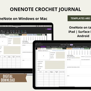 Op de afbeelding: Een digitale download van een haakjournaalsjabloon voor gebruik in OneNote. De sjabloon wordt weergegeven op een computerscherm en een tablet. De sjabloon bevat secties voor projectdetails, patrooninfo, gareninventaris en projectbeoordeling.
