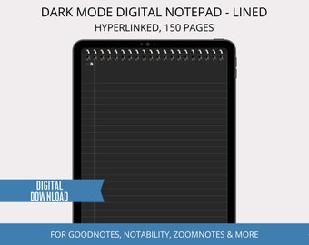 Digital Notepad Dark Mode Goodnotes, Digital Notebook for iPad, Hyperlinked Tablet Notebook, Digital Notepad Paper, Black Lined Paper
