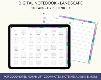 Quaderno digitale Landscape, Quaderno digitale GoodNotes, Quaderno digitale per iPad, Quaderno con 20 collegamenti ipertestuali, Quaderno digitale per studenti