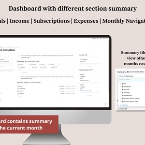May include: A computer screen displaying a finance dashboard with sections for goals, income, subscriptions, expenses, and monthly navigation. The dashboard shows a summary of the current month's finances, with a filter to view other months easily.