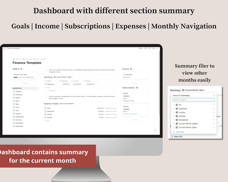 May include: A computer screen displaying a finance dashboard with sections for goals, income, subscriptions, expenses, and monthly navigation. The dashboard shows a summary of the current month's finances, with a filter to view other months easily.